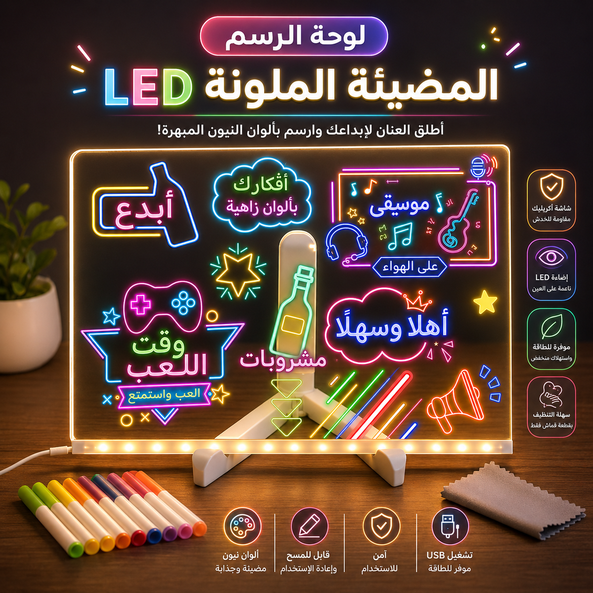 لوح رسم مضيء للأطفال LED، سبورة رسم قابلة لإعادة الاستخدام